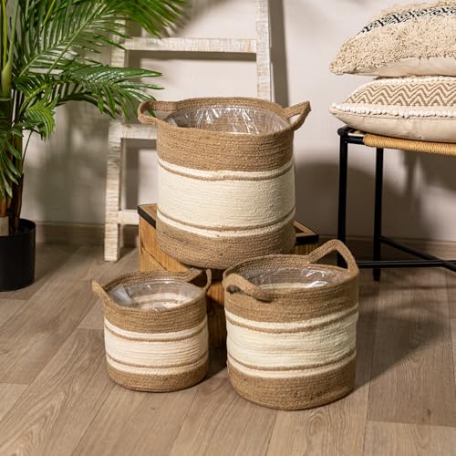 Korb rund natur und creme-weiß mit Henkel Ø 30 x 29cm Pflanzkorb mit Einsatz Blumentopf geflochten Aufbewahrungskorb Über-Topf Regal-Körbe