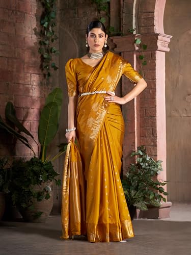Image of MADHUHANSH Women's Cotton Silk Saree with Unstitched Blouse Piece Zari Weave and Floral Pattern | Heavy Embroidery Saree for Women | Interview Saree for Women | Readymade Blouse with Saree Set