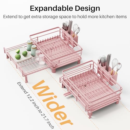Image of SNTD Dish Drying Rack - Extendable Dish Rack, Large Sink Drying Dish Drainer for Kitchen Counter, Stainless Steel Dish Strainer with Utensil Holder (Pink)