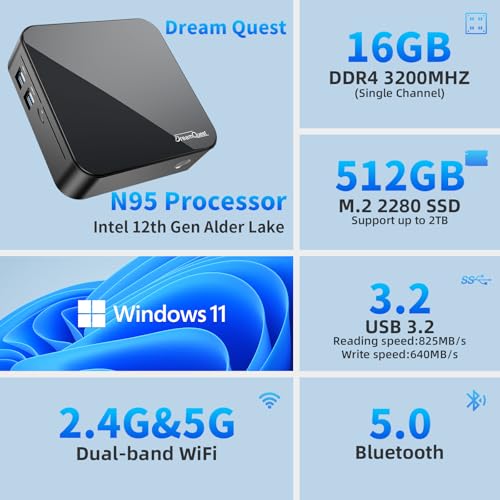 DreamQuest Mini PC Windows 11 Pro 16GB DDR4 512GB M.2 SSD Intel N95 (bis zu 3.4Ghz) Micro Desktop Computer mit HDMI/2x LAN/WiFi 5/BT 5/4xUSB3.2 für Office Klein PC Besser als N5105,Type C(Max 10Gbps)