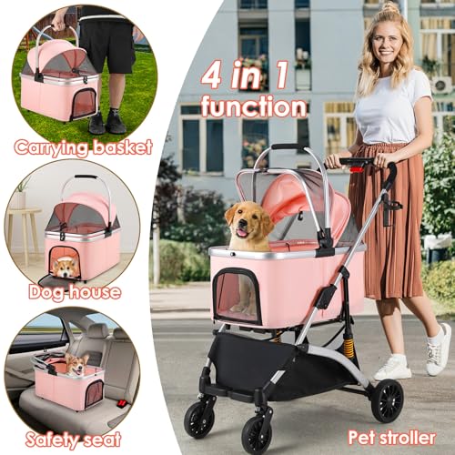 MAMIZO Hundebuggy 3 in1 Hundewagen Hundebox Transporttasche,Faltbar klappbar Katzenwagen,Bis 20kg,4 PCS 360° Verschleißfeste Gummiräder, Ablagekorb, Getränkehalter,für kleine Hunde Katz, Rosa
