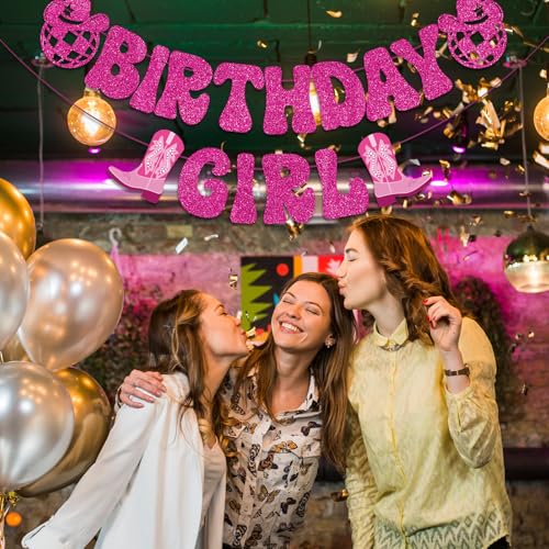 Image of Hot Pink Birthday Girl Banner, Disco Cowgirl Birthday Banner for Women, Western Cowboy Cowgirl BDAY Party Decorations Girls Rodeo BDAY Party Supplies