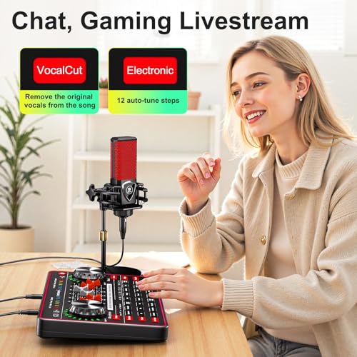Image of Podcast Microphone Bundle with Live Sound Board Audio Mixer, Podcast Equipment Bundle with 3.5mm Condenser Microphone for Pc /Phone Live Streaming Singing Gaming, Soundboard with Voice Changer, Denoise