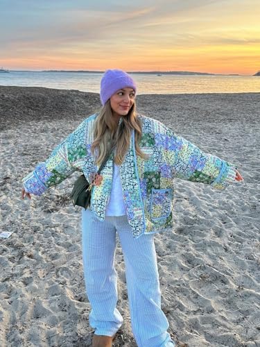 Tankaneo Womens Floral Patchwork Quilted Jacket Lightweight Cropped Open Front Puffer Coat Fall Oversized Short Outerwear3