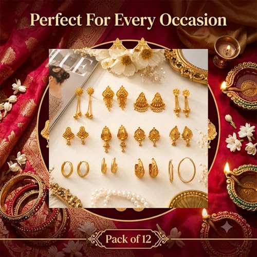 Image of Gold Earrings Combo Pack of 12 Pairs for Women & Girls | Traditional & Modern Gold-Tone Earrings Set | Lightweight Fashion Jewellery