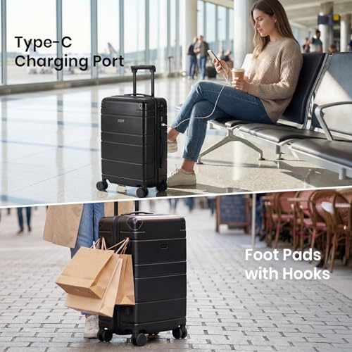 Carry on Luggage with Vacuum Compression and Pump, PC Black Hardshell Suitcase with Spinner Wheels, TSA Lock & USB Charging Port image 5