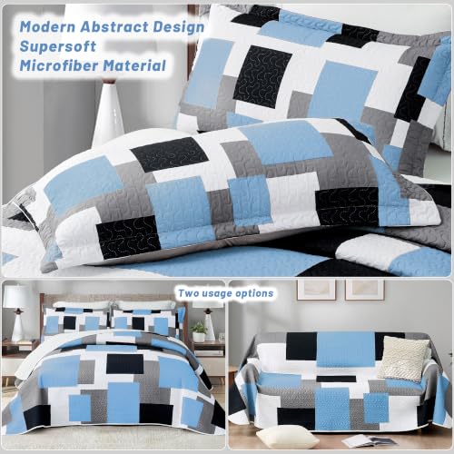 Image of Tyrot 3 Piece Light Blue Quilt King Size Blue White Bedding Set