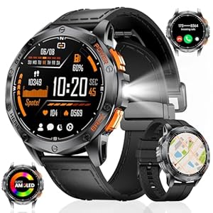 GPS Smartwatch Herren mit LED Taschenlampe,1.43‘’Amoled Display,Fitnessuhr mit 530 mAh Große Batterie,10ATM Wasserdicht,120+ Sport Modi,Herzfrequenz/Schrittzähler/Höhenmesser/Kompass für iOS Android
