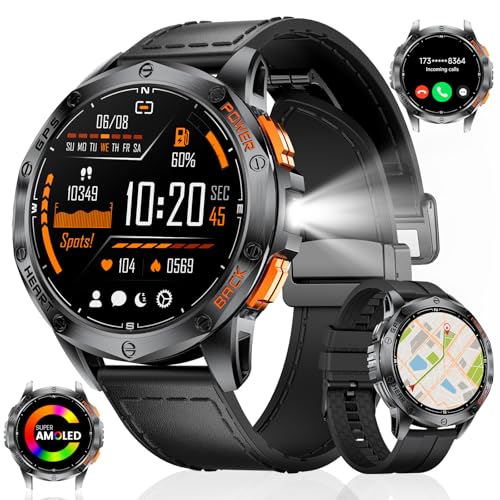 GPS Smartwatch Herren mit LED Taschenlampe,1.43‘’Amoled Display,Fitnessuhr mit 530 mAh Große Batterie,10ATM Wasserdicht,120+ Sport Modi,Herzfrequenz/Schrittzähler/Höhenmesser/Kompass für iOS Android