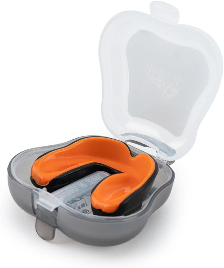 YOKKAO Muay Thai Boxing Mouth Guard – Boil and Bite Mouthguard with case for All Contact Sports, Easy Breathing Mouthpiece for Adults - Black/Orange
