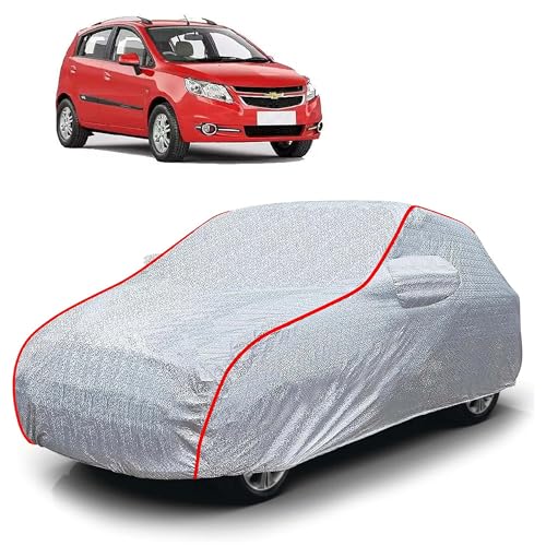 Image of Sulfar 100% Waterproof Car Body Cover Compatible with Mirror for Chevrolet Sail Hatchback (Triple Stitched, Full Bottom Elastic, Magic Silver with Red Piping)