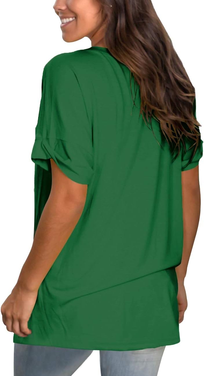 Womens Basic V Neck T Shirts Rolled Short Sleeve Summer Casual Tops with Pocket