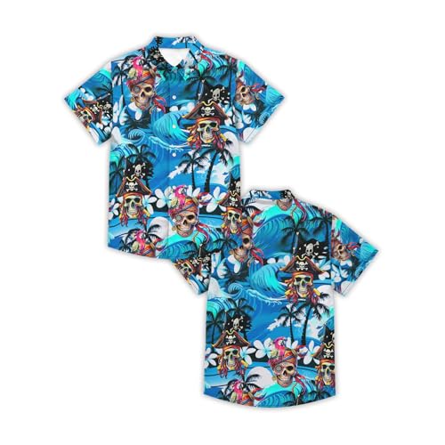 Image of THE PIRATE KING Funny Pirate Hawaiian Shirt Boys Girls Beach Tropical Casual Short Sleeve Button Down Shirt for 5-14 Years