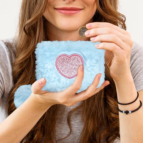 Women Wallets, Soft Ladies Purse Heart-Shaped Pattern Portable Zipper Small Purse with Cute Ball for Bank Cards, ID Cards, Cash, Coin Purses for Women (Blue)