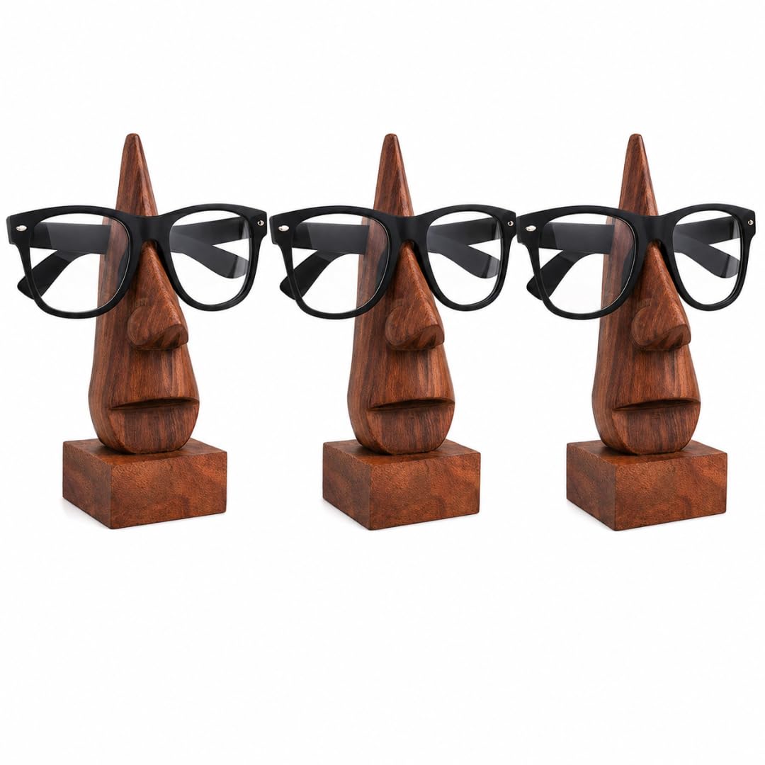 Bignay Brown Wooden Spectacle Holder Stand Pack Of 3 | Handmade Eyeglass Holder Organizer For Desk | Eyewear Display Stand For Home, Office & Table Décor | 6.4 X 6.4 Cm
