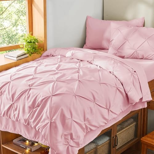 Image of Sasttie Twin Comforter Set, 5-Piece Bed in a Bag, Pintuck Bedding Sets for All Season, Includes Comforter, Flat Sheet, Fitted Sheet, Pillowcase and Pillowsham, Baby Pink