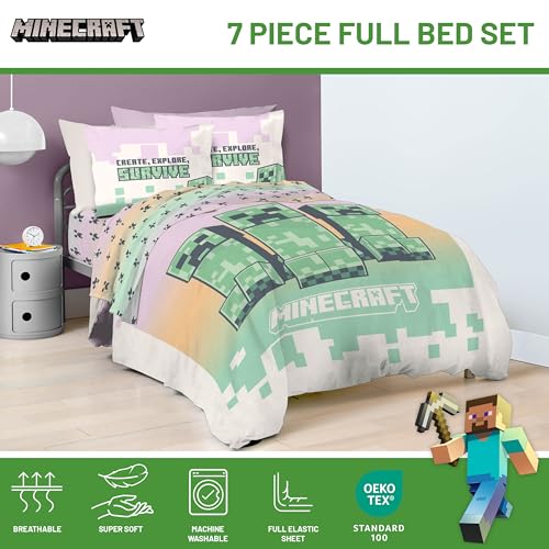 Image of Minecraft Creeper Full Size Comforter Set 7 Piece Kids Bedding, Pink | Gaming, Bed in a Bag, Comforter Sheets Shams Pillowcases, Official Product, Soft Microfiber, Machine Washable, Girls Gift