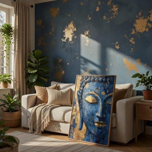 Image of Livin'luxe Blue Buddha Face Wall Art with Wooden Frame | Golden Textured Buddha Painting HD UV Laminated Print on MDF | Spiritual Meditation Home Decor for Living Room Bedroom Office 13.5 x 19.5 Inch