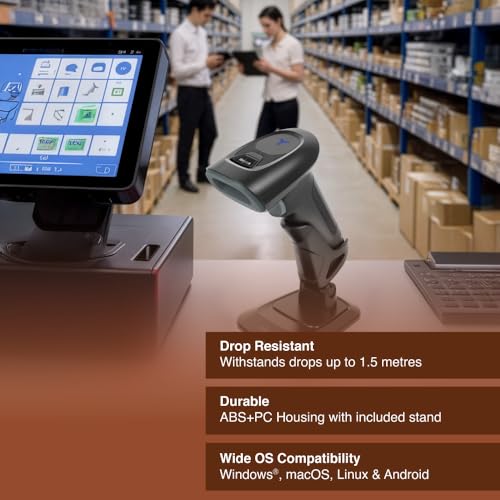 Image of FINGERS 2D-QuickScan WL15 Wireless Barcode Scanner with Stand (Quick Scan & CMOS Image Technology, Hands-Free, 1D & 2D Codes, 3-in-1 Connectivity - 2.4GHz, Bluetooth, USB-C & in-Built Memory)