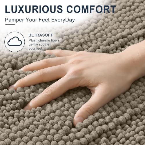 Image of Smiry Thick Chenille Bathroom Runner Rugs 44x24, Extra Absorbent Striped Bath Mat, Machine Washable, Rubber Backing, Long Bath Rugs for Bathroom, Tub & Shower, Home Decor Accessories, Warm Taupe