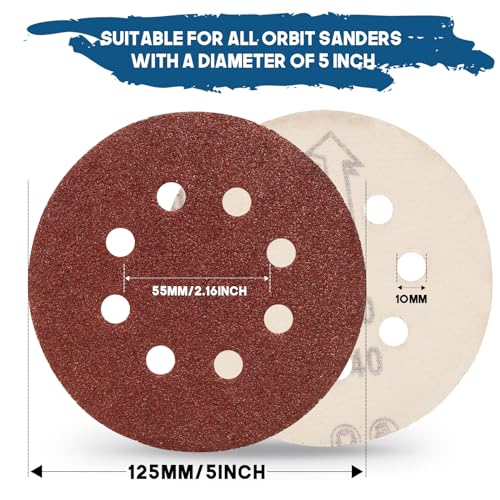 Image of 5 Inch 8 Hole Sanding Discs, 100 PCS 40 Grit Hook and Loop Sandpaper, Round Aluminum Oxide Sand Paper Discs for Random Orbital Sander