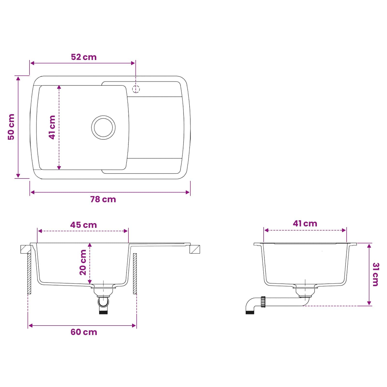 vidaXL Évier de cuisine en granit Graphite 78 x 50 x 31 cm