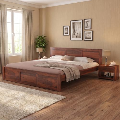 Image of Solid Sheesham Wood King Size Bed Without Storage | Wooden Double Bed Cot Palang with Headboard for Bedroom, Guest Room, Living Room, Hotels and Home (Honey Finish)