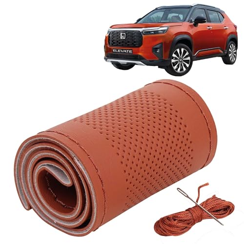 Image of KINGSWAY PU Leatherite Car Steering Cover Sewable Compatible with Honda Elevate (Year 2023 Onwards), Tan Color with Tan Thread, Pack of 1 with Sewing Needle and Thread