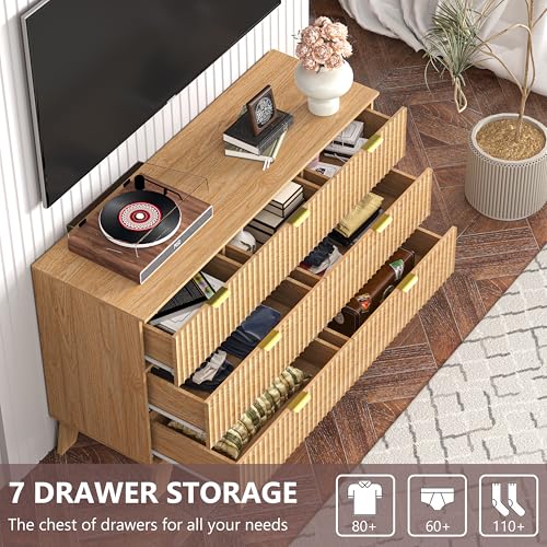 Image of Dresser 7 Drawer Dresser for Bedroom, 47''W Fluted Wooden Dresser Storage Cabinet and Chest of Drawers with Metal Handle, Storage Organizer for Living Room, Hallway, Entryway, Nature Oak