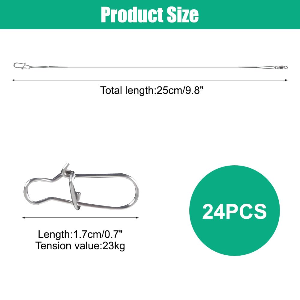 Fishing Leaders, 24PCS Anti-Bite Steel Wire Leaders with Swivels & Snaps, 360° Rotating Fishing Line Leaders for Saltwater Freshwater