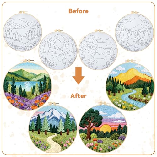 Image of BEUNITONE 4 Set Forest Pattern Embroidery Kit for Adult Beginners Scenery Pre-Printed Designs Cross Stitch Kits, Needlepoint Kits for Adults, Handmade Embroidery for Home Decor 20x20cm