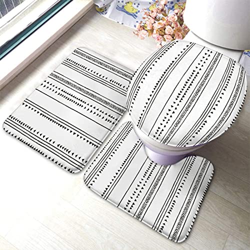 Badezimmerteppich-Set, 3-teilig, dreieckig, modernes Streifen-Fischgrätenmuster, Schwarz-Weiß-Muster, waschbare Badteppiche, rutschfest, mit Rückenpolster, Konturteppich und Toilettendeckelbezug