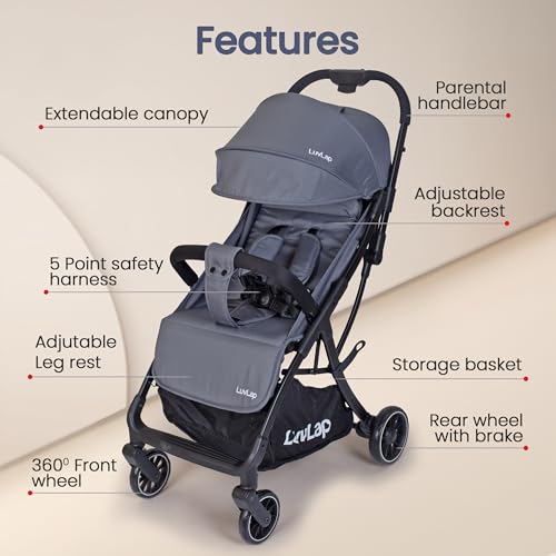 Image of LuvLap Regency Baby Stroller, Pram for 0 to 3 Years with 5 Point Safety Harness, Large Storage Basket, Heavy Duty Wheels, Easy Fold, Extendable Canopy, Multilevel Recline & Adjustable footrest