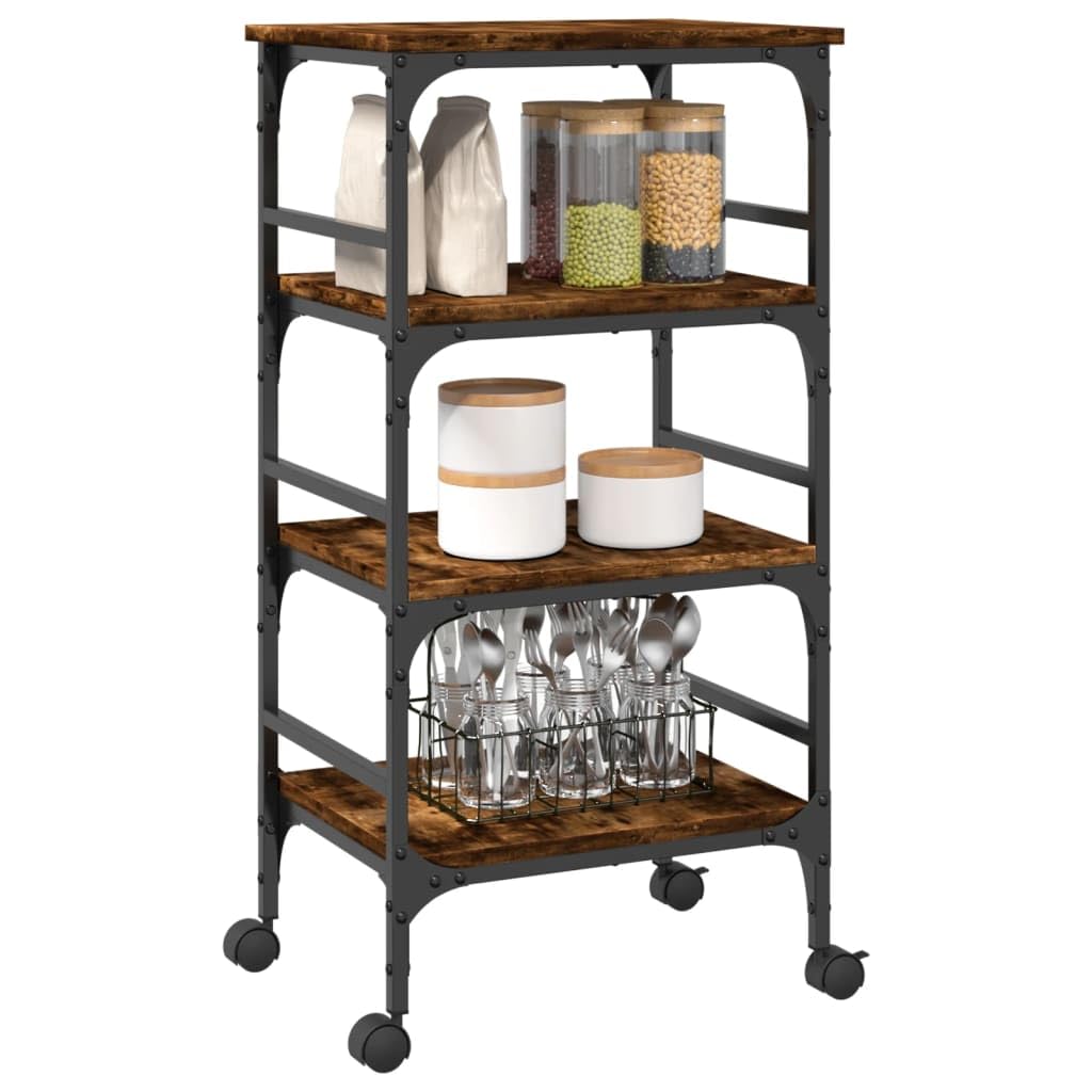 Carro de cocina de roble ahumado de madera y acero, 45 x 35 x 89,5 cm, carro de servicio con ruedas y frenos, espacio de almacenamiento para cocina, salón, baño, estudio