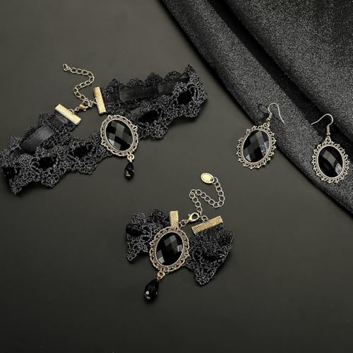 Gothic Victorian Style Vampire Choker Necklace Bracelet Earrings Set,Halloween Pirate Steampunk Witch Vampire Costume Accessories Jewelry for Women,Adjustable Size4