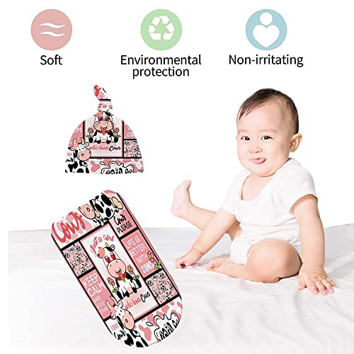 Image of Who Love Cows Newborn Swaddle Blankets with Hat Sets Newborn Receiving Blanket for Boy Girl Swaddle Sack Shower Infant Gift