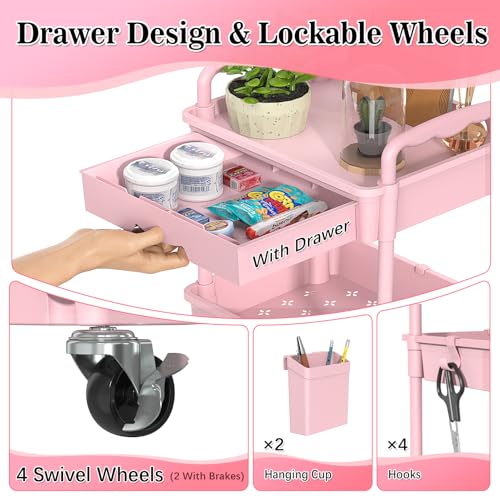 Image of SUNALLY 4 Tier Rolling Utility Cart with Drawer, Storage Organizer Cart with 2 Lockable Wheels, Multifunctional Rolling Storage Cart for Bathroom, Kitchen, Craft, Makeup, Baby Essentials, Pink