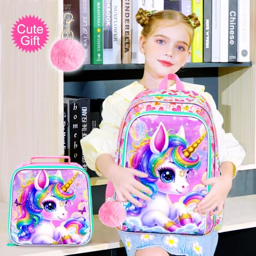 Image of AGSDON 3PCS Unicorn Backpack for Girls, 16 inch Kids Backpacks for Girl Water Resistant Preschool, Elementary Bookbag with Lunch Box
