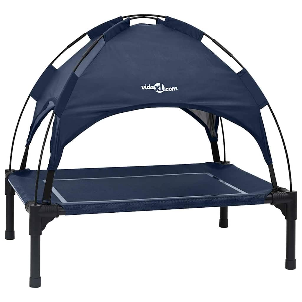 Cama elevada para perros con techo para exteriores, 71 x 64 x 71 cm, plegable, ligera y estable, marco de acero para mascotas, jardín, terraza e interiores, color azul marino