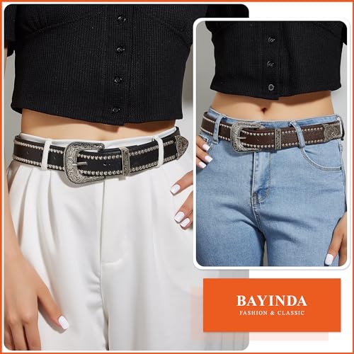 Punk Studded Belt for Women Men, Western PU Leather Belts with Embossed Adjustable Buckle Waist Strap3