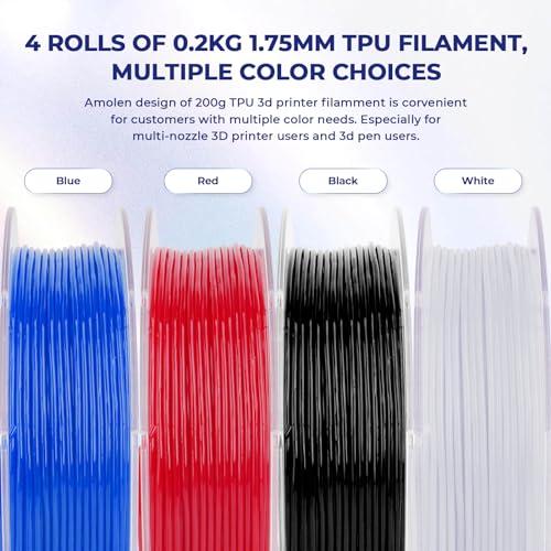Image of AMOLEN 3D Printer Filament, Flexible TPU Filament Bundle, 1.75mm TPU Filament Multicolor, Soft Filaments of High Elasticity, Supports High Speed, 200gX4 Spools(Black /White /Red /Blue)