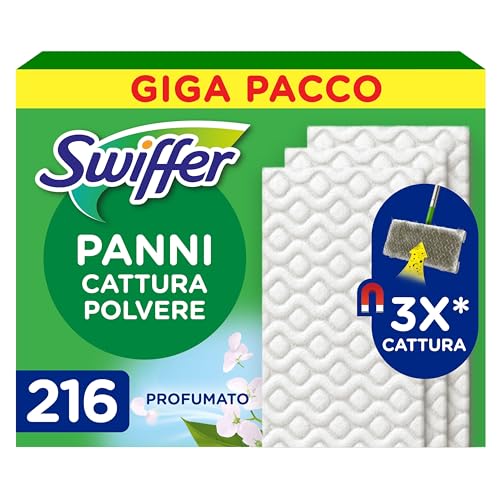 Swiffer Panni Cattura Polvere, 216 Panni Microfibra Dry, Cattura Polvere e Sporco, Ottimo per Tutti i Tipi di Pavimenti e per i Peli di Animali, Giga Formato | Ottimo per tutti i tipi de pavimenti i per i peli di animali