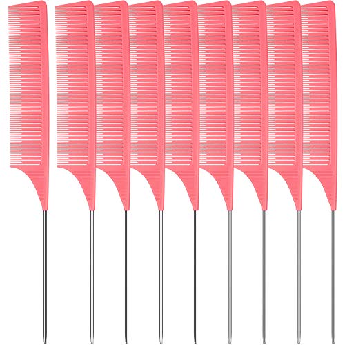 9 Pieces Rat Tail Hair Comb Fine Teeth Hair Styling Comb Hair Cutting Comb Steel Pintail Carbon Fiber Heat Resistant Teasing Combs with Stainless Steel Pintail Handle for Women (Pink)