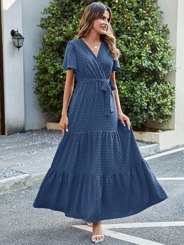 Image of MASCOMODA Women Boho Swiss Dot Maxi Dresses Wrap V Neck Flutter Short Sleeve Solid Tie Waist A Line Tiered Flowy Long Dresses