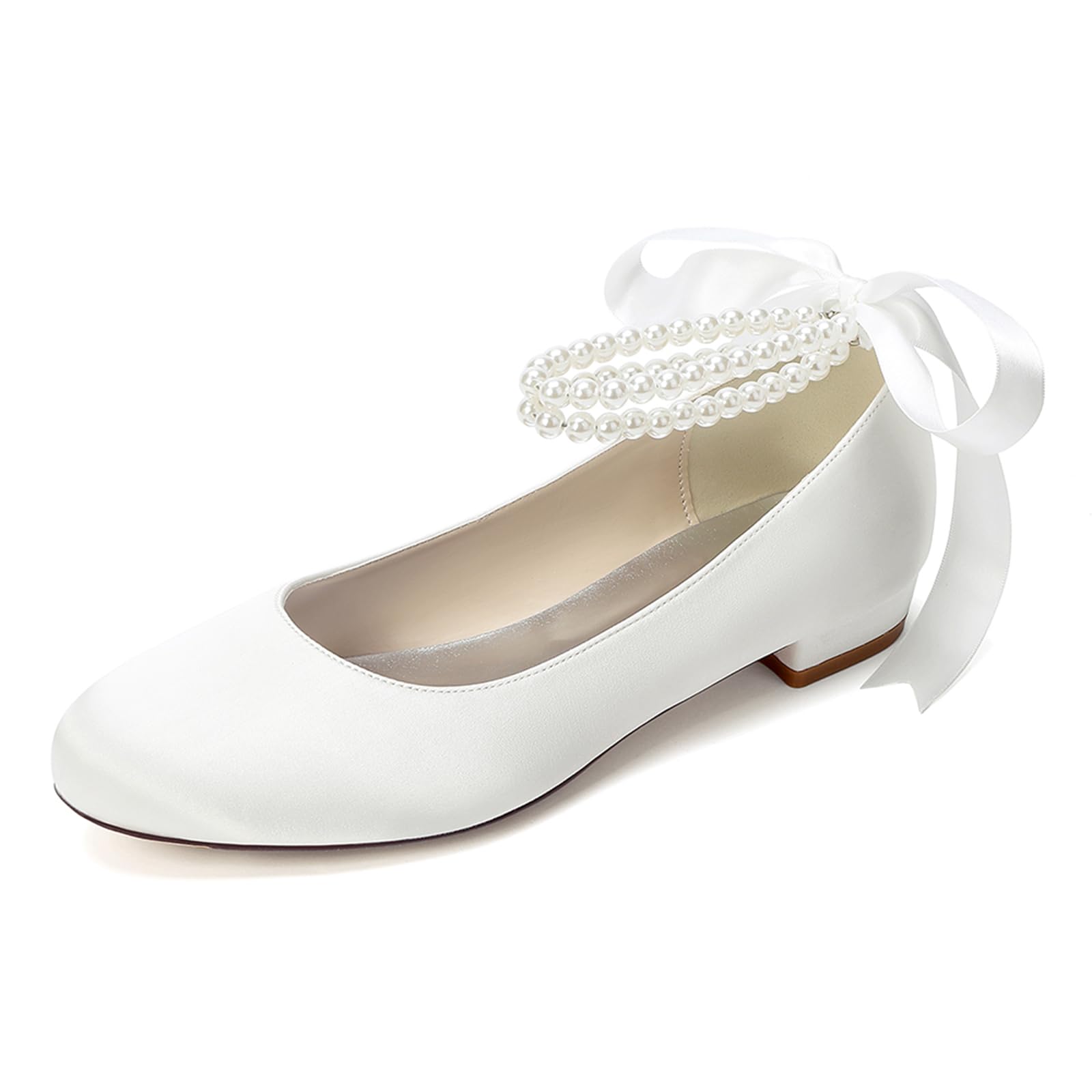 Damen Perlen-Hochzeitsschuhe für die Braut Satin Schleife Flache Brautschuhe runde Zehen Ballerinas