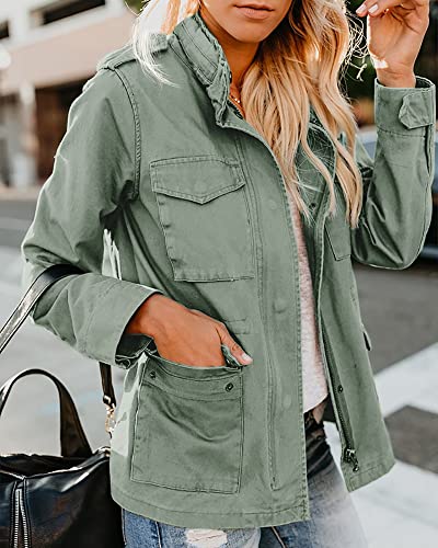 Soulomelody Womens Military Anorak Jacket Zip Up Snap Button Parka Safari Utility Coat Outwear with Pockets