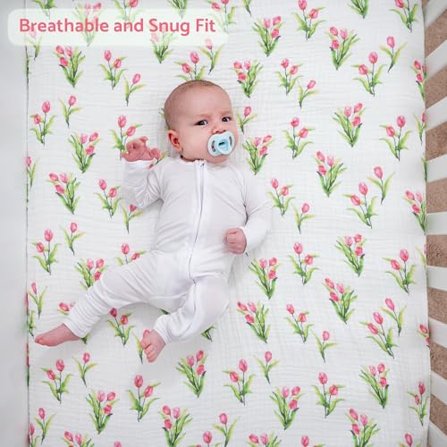 Image of LollyBanks Muslin Crib Sheet, 100% Cotton Fitted Crib Sheets for Girls | Soft all-season weave, snug elastic border for quick changes on 52 x 28 in standard mattresses (Tulip)