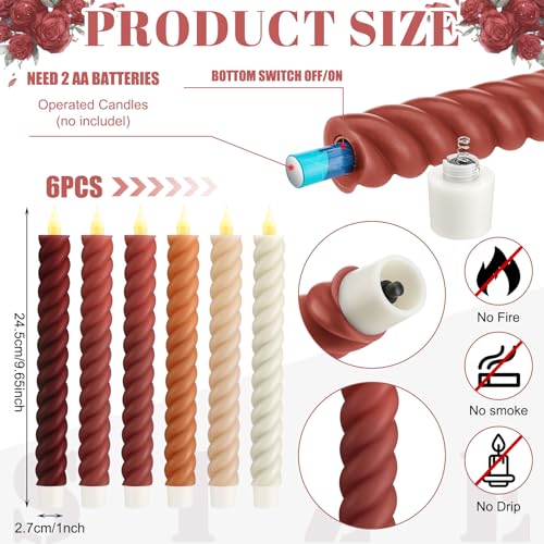 Image of Baquler 6 Pcs Fall Flameless Taper Candle Twisted LED 9.65 Inch Fall Taper Candles Battery Operated Twisted Candlesticks for Thanksgiving Harvest Wedding Birthday Home Party Dinner Fireplace Decor