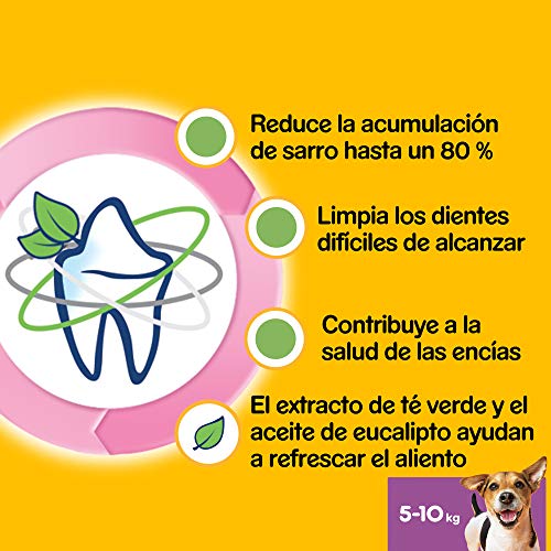 Pedigree Dentastix Fresh Snack Dental para la Higiene Oral y Contra el Mal Aliento de Perros Pequeños (4 paquetes de 28ud) 2 Snack dental para perros pequeños que favorece la higiene oral y contribuye a mejorar el aliento del perro, con un toque extra de frescor, gracias a su combinación de eucalipto y extracto de té verde
Está demostrado científicamente que darle un stick dental Dentastix a tu perro contribuye a la limpieza diaria de sus dientes y ayuda a mantener su aliento fresco
La combinación de su textura junto con sus ingredientes activos convierten a los palitos para perro Dentastix en el aliado perfecto para la limpieza completa de su boca
