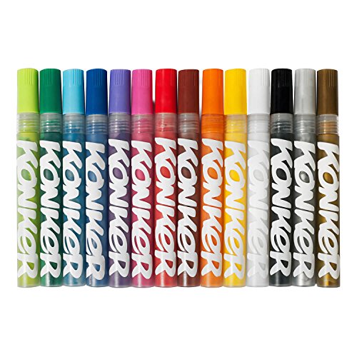 Konker Colors Acrylic Paint Markers Set, 24 Fine Tip Pens, Water-Based Archival Pigments for Canvas, Paper, Rocks, and Fabrics, Refillable No Odor Colors, Fade Resistant, 2mm Round